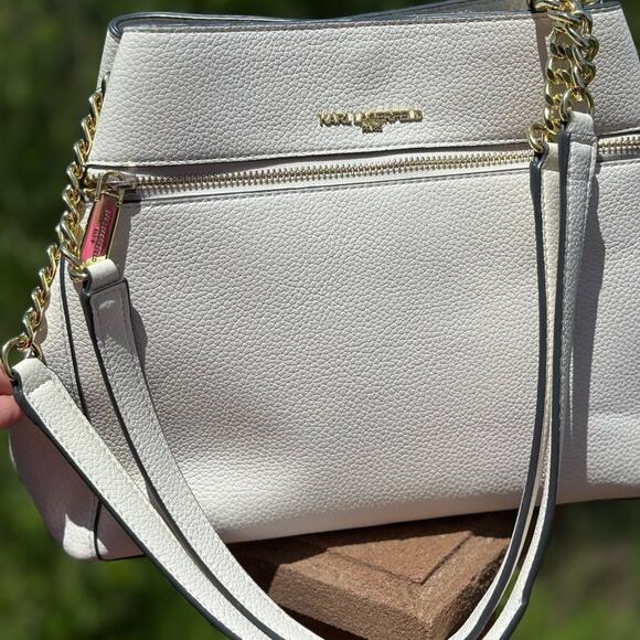 Karl Lagerfeld Cream & Gold Shoulder Bag Agyness Design Triple Compartment EUC - Picture 2 of 15